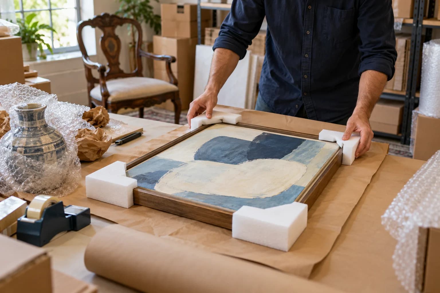 Protective corners being fitted to framed artwork beside furniture and a ceramic vase