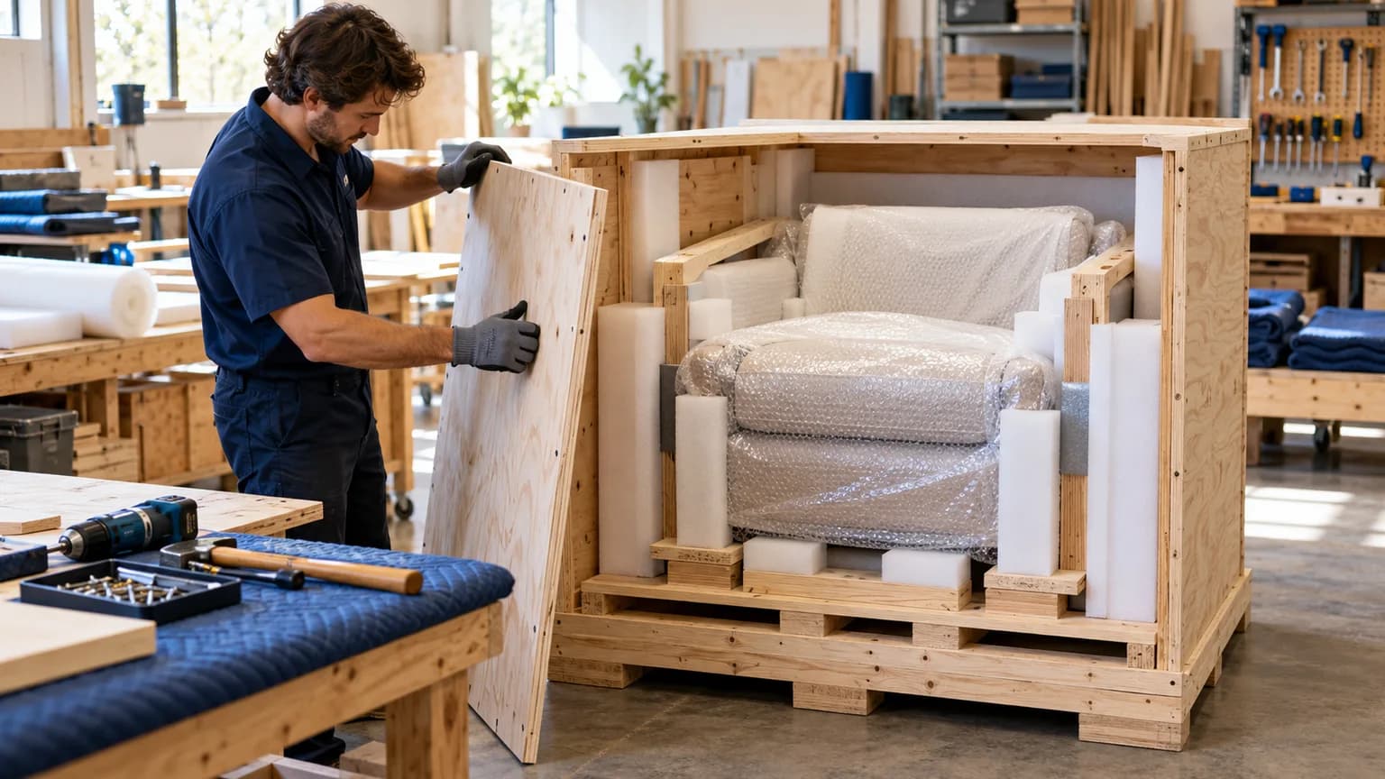 A packing specialist assembling a padded wooden shipping crate