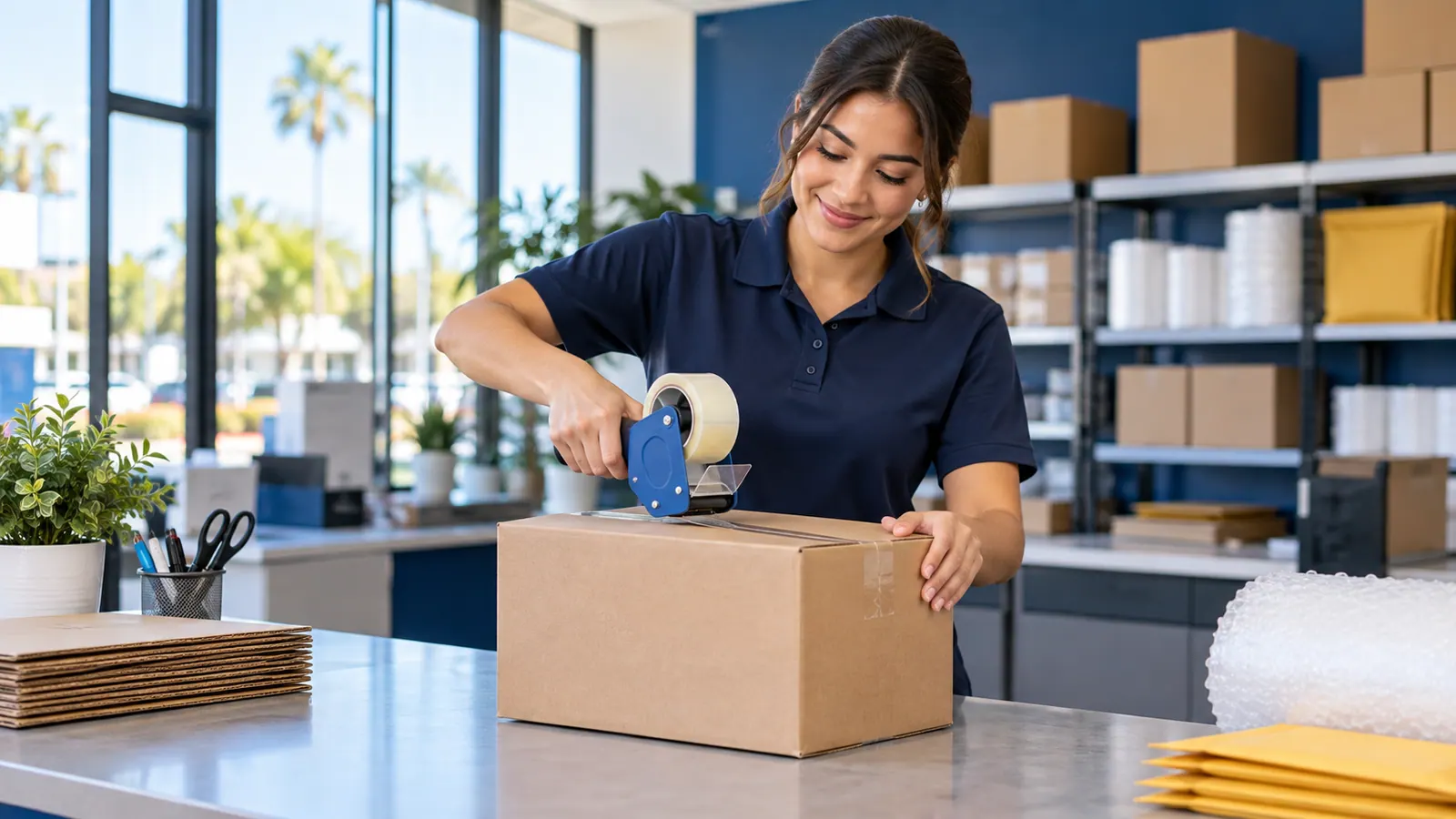 A shipping specialist carefully packing a customer parcel