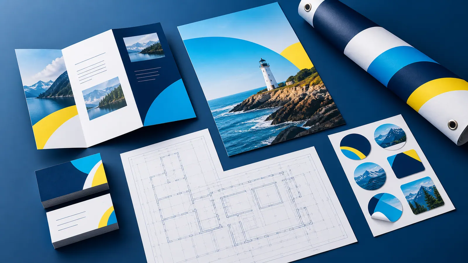 Business cards, brochures, posters, blueprints, stickers, and banner samples